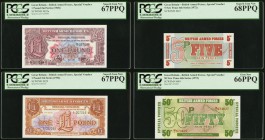Great Britain British Armed Forces Lot Of Four. 1 Pound 1948; 1956 Pick M22a; M29 Two Examples PCGS Superb Gem New 67PPQ. 5; 50 Pence 1972 Pick M47; M...