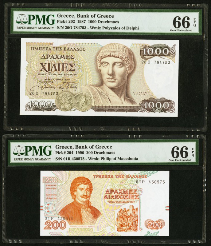 Greece Bank of Greece 1000; 200 Drachmaes 1987; 1996 Pick 202; 204 Two Examples ...