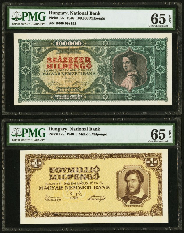 Hungary Magyar Nemzeti Bank 100,000; 1 Million Milpengo 1946 Pick 127; 128 Two E...