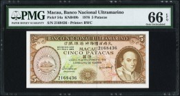 Macau Banco Nacional Ultramarino 5 Patacas 18.11.1976 PMG Gem Uncirculated 66 EPQ. 

HID09801242017