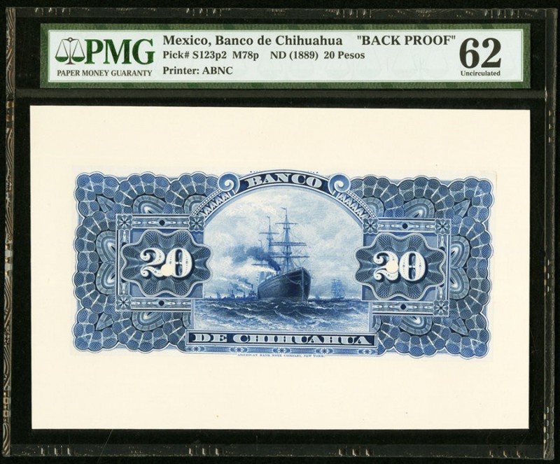 Mexico Banco de Chihuahua 20 Pesos ND (1889) Pick S123p2 M78p Back Proof PMG Unc...