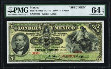 Mexico Banco de Londres y Mexico 5 Pesos 2.1.1913 Pick S233ds M271d Specimen PMG Choice Uncirculated 64 EPQ. Two POCs

HID09801242017
