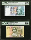 Sweden Sveriges Riksbank 100; 50 Kronor 2000; 2003 Pick 57b; 62b Two Examples PMG Superb Gem Unc 67 EPQ; Gem Uncirculated 65 EPQ. 

HID09801242017