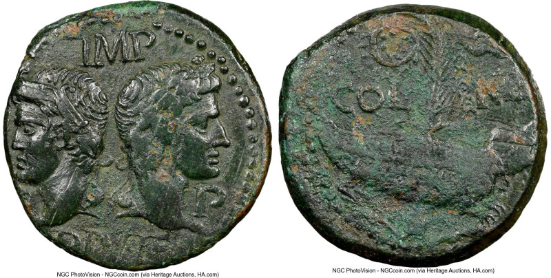 Augustus (27 BC-AD 14), with Marcus Agrippa (died 12 BC). AE dupondius (25mm, 12...