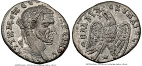 SYRIA. Laodicea ad Mare. Macrinus (AD 217-218). BI tetradrachm (27mm, 12h). NGC AU, die shift. AYT K M OΠ CЄOY MAKPЄINOC-CЄB, laureate head of Macrinu...