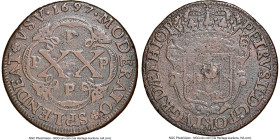 Portuguese Colony. Pedro II 20 Reis 1697-P VF Details (Plugged) NGC, Porto mint, KM1, LMB-15. Struck at the Porto mint for the Colonies and in circula...