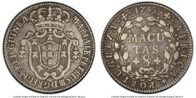 Portuguese Colony. Maria I & Pedro III 8 Macutas 1783 VF30 PCGS, KM23. Only our second time handling this singular 8 Macutas date struck under the joi...