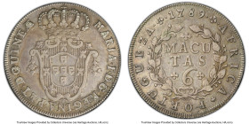 Portuguese Colony. Maria I 6 Macutas 1789 VF Details (Cleaned) PCGS, KM33. Mintage: 4,998. Evenly distributed wear and subtle pastels paint a pleasing...