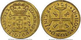 João V gold 4000 Reis 1725-R AU58 NGC, Rio de Janeiro mint, KM102, LMB-177, Fr-27. Virtually free of wear with a satiny look and a few marks to the fi...