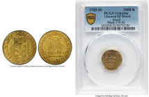 João V gold 1000 Reis 1725-M XF Details (Cleaned) PCGS, Minas Gerais mint, KM113, LMB-233. Showcasing an antique-gold patina with decent definition to...