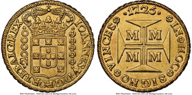 João V gold 20000 Reis (Dobrão) 1725-M MS62 NGC, Minas Gerais mint, KM117, LMB-249. A date prone to rusted dies, this example appears to have been str...