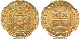 João V gold 20000 Reis (Dobrão) 1727-M MS63 NGC, Minas Gerais mint, KM117, LMB-251. Striking visual appeal, displaying luster that dances across the b...