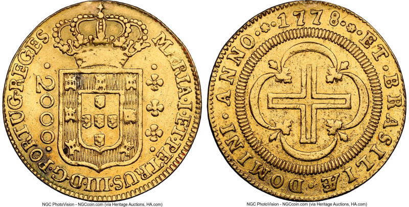 Maria I & Pedro III gold 2000 Reis 1778-(L) AU Details (Removed From Jewelry) NG...