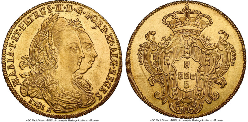 Maria I & Pedro III gold 6400 Reis (Peça) 1781-B UNC Details (Reverse Scratched)...