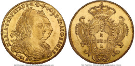 Maria I & Pedro III gold 6400 Reis (Peça) 1781-B UNC Details (Reverse Scratched) NGC, Bahia mint, KM199.1, LMB-486. Free of circulation wear and struc...
