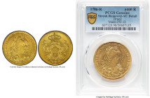 Maria I & Pedro III gold 6400 Reis (Peça) 1786-R AU Details (Streak Removed) PCGS, Rio de Janeiro mint, KM199.2, LMB-468. Final year of issue. Expertl...