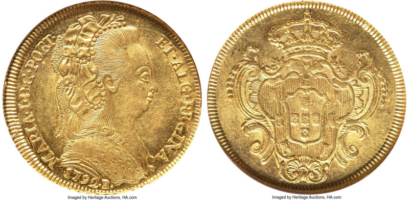 Maria I gold 6400 Reis (Peça) 1792-R MS62 NGC, Rio de Janeiro mint, KM226.1, LMB...