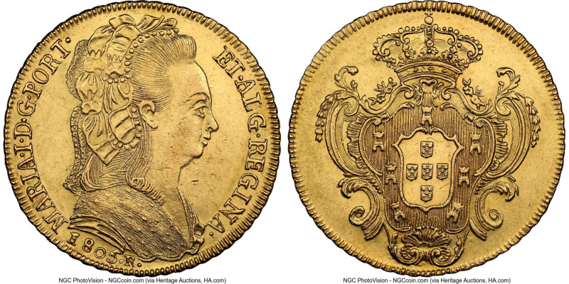Maria I gold 6400 Reis (Peça) 1805-R UNC Details (Cleaned) NGC, Rio de Janeiro m...