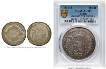 João Prince Regent "REGENES" 960 Reis 1810-B AU50 PCGS, Bahia mint, KM307.1, LMB-395b. Regenes variety. Overstruck on a Spanish Colonial 8 Reales. A C...