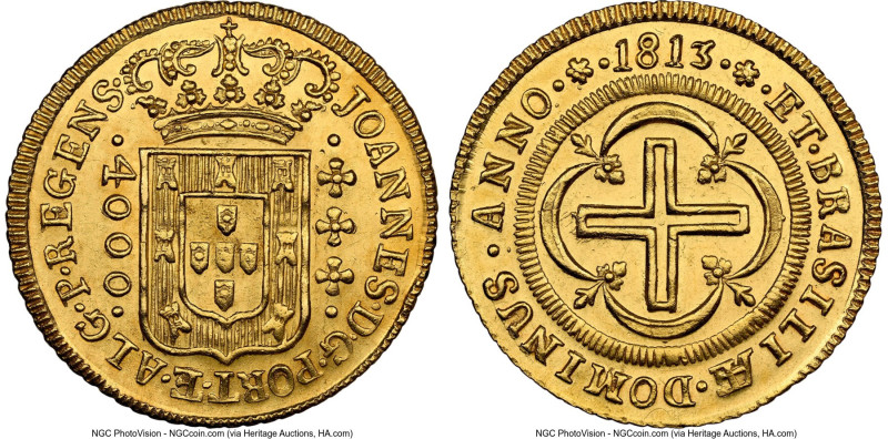 João Prince Regent gold 4000 Reis 1813-(B) UNC Details (Cleaned) NGC, Bahia mint...