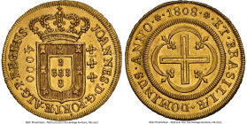 João Prince Regent gold 4000 Reis 1808-(R) MS63 NGC, Rio de Janeiro mint, KM235.2, LMB-568. Value without dots variety. Escaping the friction marks th...