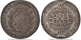João VI 960 Reis 1818-R AU53 NGC, Rio de Janeiro mint, KM326.1, LMB-476a. Double branches variety. Wreath Obverse. Struck over an Argentina "Sunface" ...