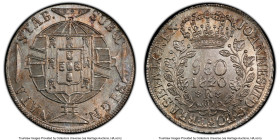 João VI 960 Reis 1820-R MS63 PCGS, Rio de Janeiro mint, KM326.1, LMB-478. Laden with a prismatic patina running the gamut of color from russet to aqua...