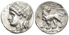 IONIA, Miletos. Circa 340-325 BC. AR Drachm (16mm, 3.4 g). Diopompo(s), magistrate. Head of Apollo left, wearing laurel wreath / Lion standing left, h...