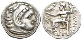 Kingdom of Macedon. Alexander III AR Drachm. (18mm, 4.0 g) Kolophon c. 310-301. Head of Herakles r., wearing lion skin / Zeus Aëtophoros seated l.; K ...