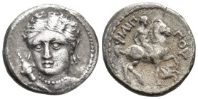 Kingdom of Macedon. Philip II AR 1/5 Tetradrachm. (14mm, 2.3 g) Lifetime issue. Amphipolis, circa 348-342 BC. Head of Artemis facing slightly left, qu...