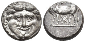 Mysia. Parion circa 400-300 BC. Hemidrachm AR (12mm., 2.3 g). ΠΑ-ΡΙ, bull standing left, head turned back to right, below, star / Gorgoneion facing, s...