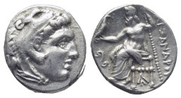 Kingdom of Macedon. Alexander III AR Drachm. (15mm, 4.3 g) Lampsakos c. 323-317. Head of Herakles r., wearing lion skin / Zeus Aëtophoros seated l.; b...