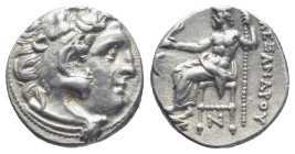 Kingdom of Macedon. Antigonos I Monophthalmos. Drachm. (15mm, 4.3 g) 310-301 BC. Kolophon. In the name and types of Alexander III. Anv.: Head of Herak...
