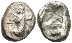 Achaemenid Persia. AR siglos (17mm, 5.4 g), c. 485 BC. Obv. Great King running right, holding transverse spear in right hand and bow in left. Rev. Irr...