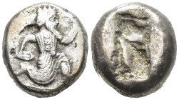 Kings of Persia (Achaemenids). AR Siglos (14mm, 5.5 g), c. 450-400 BC. Obv. The Great King, bearded, in "Knielauf" to right, holding bow and dagger. R...