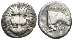 ISLANDS off IONIA. Samos. Circa 400-365 BC. AR Drachm (13mm, 3.4 g). Facing lion scalp / Forepart of bull right; ΔΗΜΩN (magistrate) above, ΣA below....