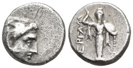 Mysia, Pergamon AR Diobol. (10mm, 1.2 g) Circa 310-282 BC. Head of Herakles right, wearing lion's skin / Archaistic Palladion: statue of Pallas Athena...