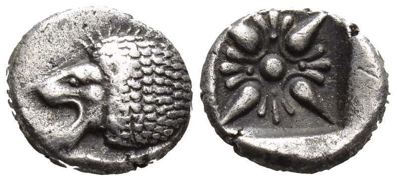 Ionia. Miletos circa 525-475 BC. Diobol AR (1.2 Gr. 9mm.)
Forepart of lion to ri...