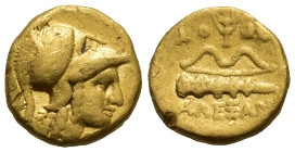 KINGS OF MACEDON. Alexander III 'the Great' (336-323 BC). GOLD 1/4 Stater. (9.9mm, 2.1 g) Amphipolis. Obv: Head of Athena right, wearing Corinthian he...