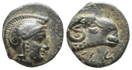 IONIA. Klazomenai. Ae (10mm, 1.0 g) (Circa 386-301 BC). Obv: Head of Athena right, wearing Attic helmet. Rev: KΛA. Head of ram right.