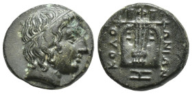 IONIA. Kolophon. Ae (10mm, 1.2 g) (Circa 389-350 BC). Obv: Head of Apollo right, wearing tainia. Rev: KOΛOΦΩNION /ZH. Lyre with five strings; laurel l...