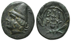 Troas, Birytis. AE, (10mm. 1.2 g) 4th-3rd centuries BC. Obv: Head of Kabeiros left, wearing pilos. Rev: BI PY, Club within wreath.