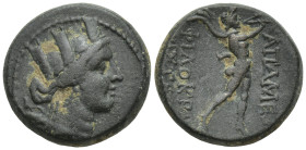 PHRYGIA. Apameia. Circa 88-40 BC. (6.1 Gr. 16mm.) 
 Turreted head of Tyche to right.
 Rev. Marsyas advancing to right [on maeander pattern], playing d...