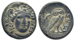 TROAS, Sigeion. Circa 355-334 BC. Æ (18mm, 6,8 g). Head of Athena facing slightly right, wearing triple-crested Attic helmet / SIGE, owl standing righ...