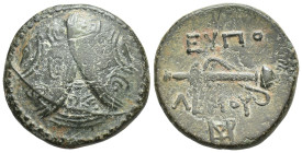 CARIA. Mylasa. Eupolemos (Circa 295-280 BC). Ae. (17mm, 4.0 g) Obv: Three overlapping shields, with spearheads on bosses. Rev: EYΠO / ΛEMOY. Sword-in-...