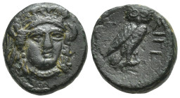 Troas, Sigeion. Ca. 355-344 B.C. Æ (12mm, 2.2 g). Head of Athena facing slightly right, wearing triple-crested Attic helmet / ΣΙΓΕ, owl standing right...