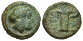 Aeolis, Kyme, c. 250-190 BC. Æ (10mm, 1.1 g). Female head r. R/ One-handled vase.