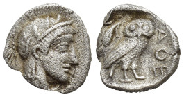 Attica. Athens. c. 450 BC. Obol, (8mm, 0.6 g) Obv: Head of Athena right, wearing Attic helmet, adorned with three olive leaves. Rx: ΑΘΕ Owl standing r...