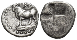 Bithynia. Kalchedon. (367-340 BC) Ar 1/4 Siglos.. (11mm, 1.1 g) Obv: KAΛ. bull standing left on grain ear. Rev: Quadripartite incuse square with stipp...