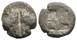 Lesbos, Uncertain mint AR Diobol (9mm, 1.0 g) ca 500-450 BC. Obv: Confronted boar's heads Rev: Quadripartite incuse square.
